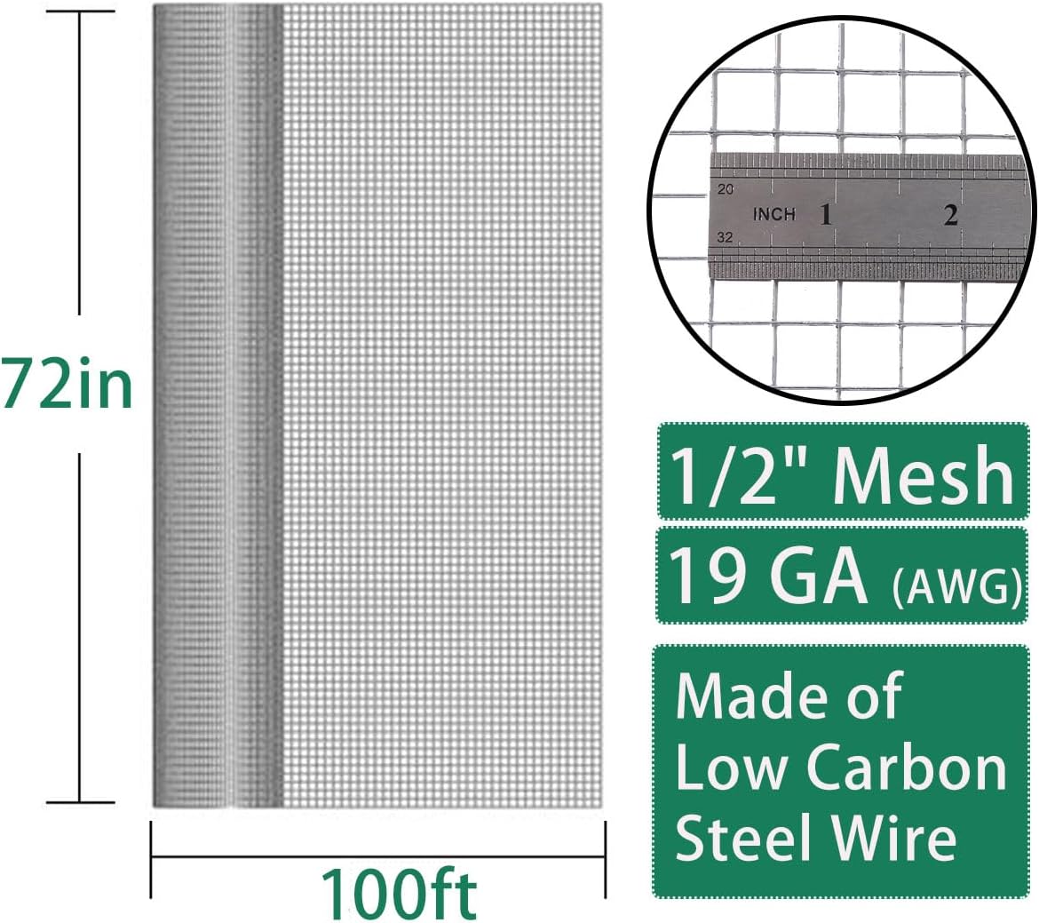 Seboss Hardware Cloth 1/2 inch opening, 72 in x 100 ft,19 Gauge